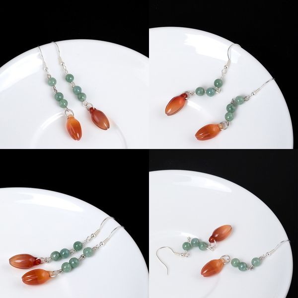 

925 s silver manual diy originality natural emerald earring woman aestheticism literature magnolia long ear hook, Golden