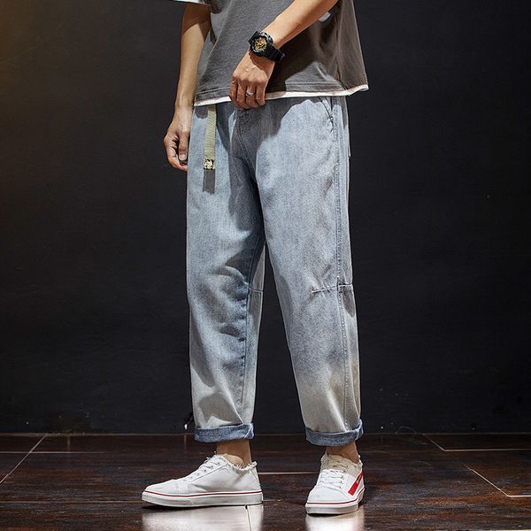 

fashion streetwear men jeans retro blue loose fit spliced designer denim harerm pants spring summer korean hip hop jeans men