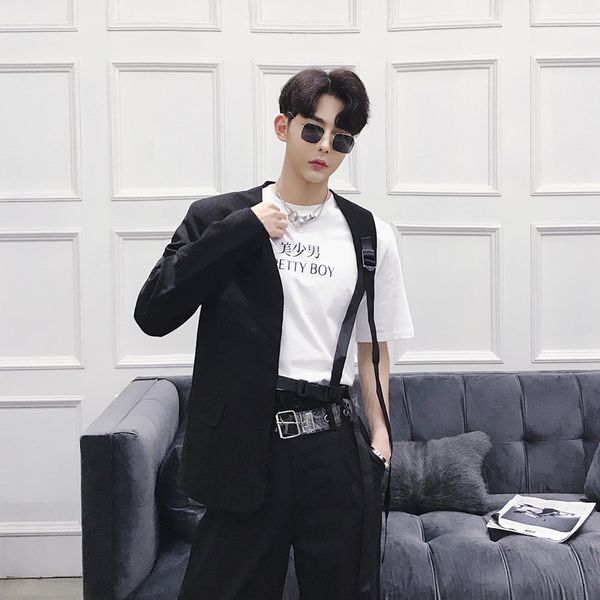 

men asymmertrical design hip hop punk blazer nightclub dj singer stage costume men casual irregular ribbon slim fit suit jacket, White;black
