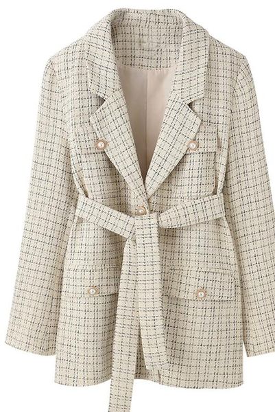 

vintage french plaid women blazer jacket sashes belted female suit coat notch collar pockets blend coat jacket femme, White;black