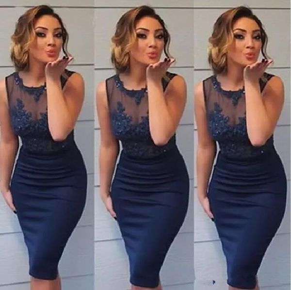 

navy blue 2019 elegant cocktail dresses sheath knee length appliques lace beaded short homecoming dresses, White;black