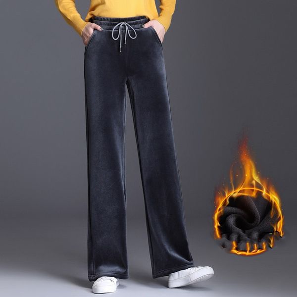 

2019 winter women velvet wide leg pants female retro high waist plus size loose casual autumn straight sweatpants long trousers, Black;white