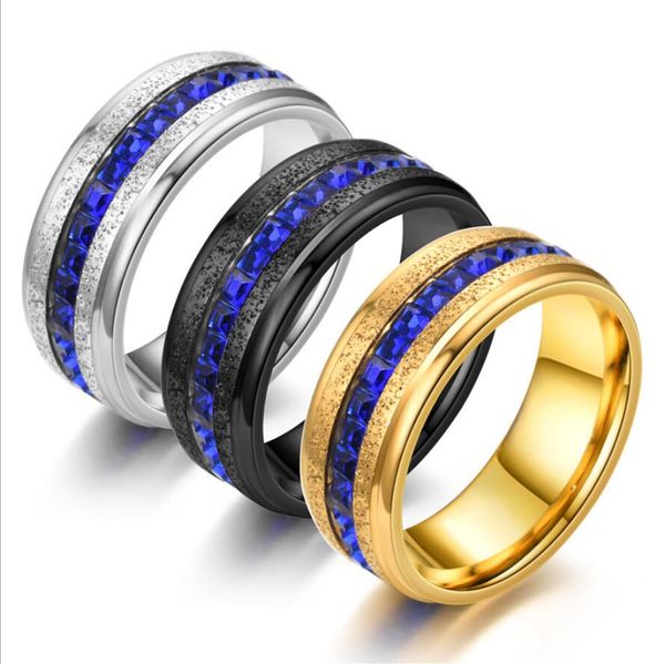 

new style 8mm blue crystal rhinestone tennis ring stainless steel perlite finger rings for men women size 7-12, Silver