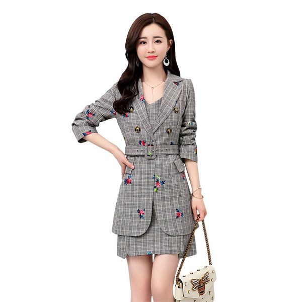 

spring and autumn trend plaid fashion embroidered women's sleeveless dress long paragraph casual suit set two-piece al225, White;black