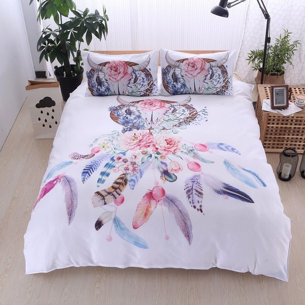 Winlife Tribal Design Duvet Cover Skull Horns Feathers Boho Chic