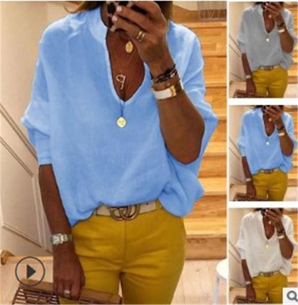 

женщины дизайнер половина рукав блузка твердые рубашки цвета для женщины v шеи женщин простого стиля блузы, White