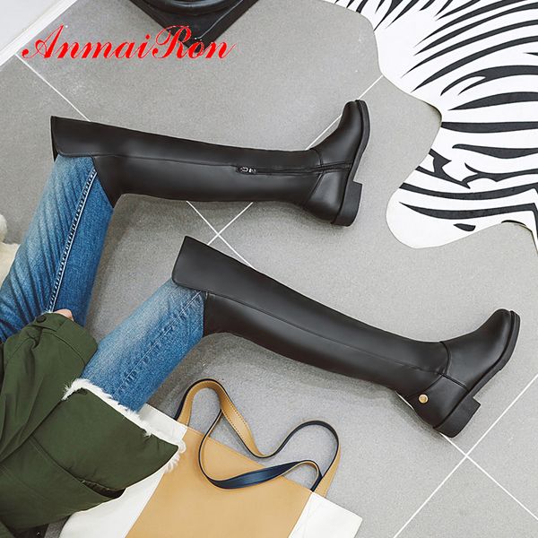 

anmairon winter square heel thigh high boots round toe zip rainboots over-the-knee pu solid plush women shoe rivet fashion brown, Black