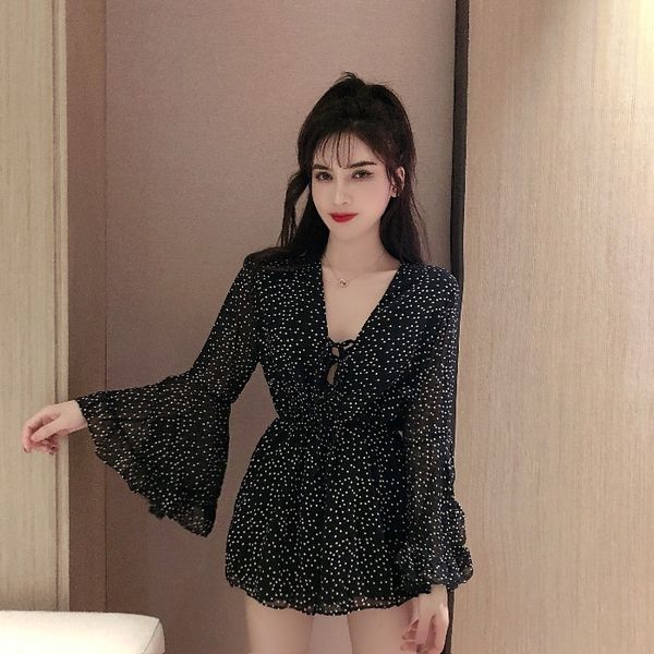 

сексуального черного горошек клуб игровой одежда мода марка bodysuit женщина весна осень v-образный вырез корейская обрезной шифоновые комби, Black;white