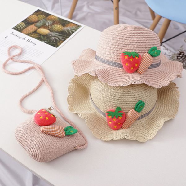 

hat bag set wavy straw hats strawberry radish cap single shoulder bag for kids spring summer beach kh889, Black;white