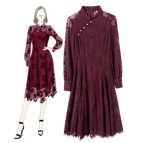 

sheer s-xl plus size dresses for women long sleeve midi vintage lace dress ladies chinese qipao woman dress 2020 spring summer, Black;gray
