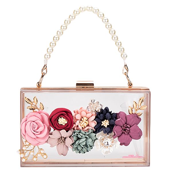 

luxury dinner party bag three-dimensional pearl flower tote/small square bag/clutch transparent color