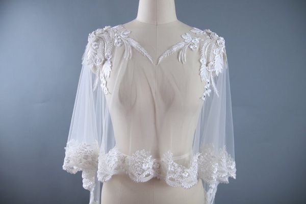 

2020 fashion style pearls cape veil sewed delicate pearls and flowers, shoulders shawl, cover ups cape15, White