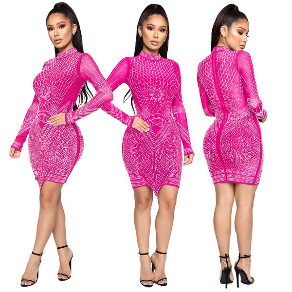 

cross-border new european and american womens clothing drilling mesh transparent nightclub skirt dress, White;black