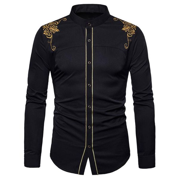 

men's casual shirts mens hipster fit embroidery slim long sleeve male wedding party down dress, White;black