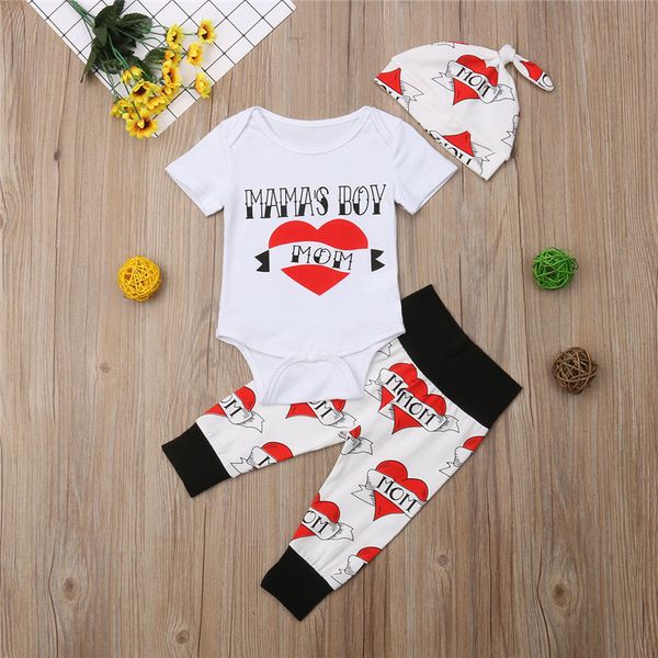 

3pcs newborn boy baby clothes sets romper short sleeve love print jumpsuit pant hat outfit 3pcs cotton clothes baby 0-18m, White