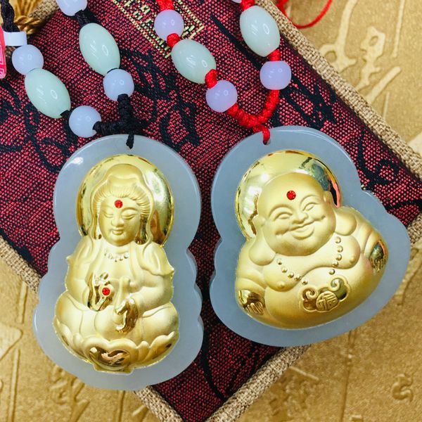 

send a-level certificate large section of natural hetian jade inlaid 24k gold buddha guanyin pendant with hand-woven necklace, Silver