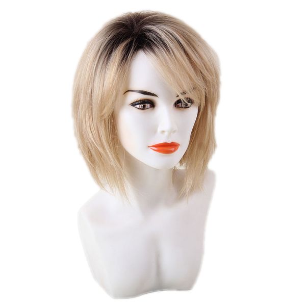 

women short fluffy human hair wigs with cap heat resistant ombre blonde, Black