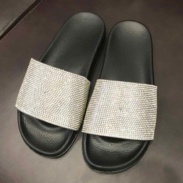 

2019 new western style womens flat slides sandals diamante sparkly sliders colorful diamond home slippers zapatos de playa 15, Black