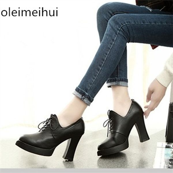 

genuine leather autumn thick high heeled pumps toe lacing female platform shoes casual office lady shoes square heeled labut, Black