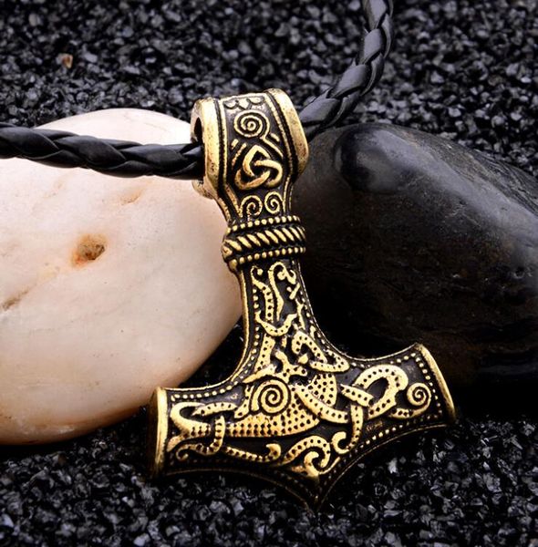 

norse vikings amulet necklaces hammer of thor mjolnir carved goat horn head pendant leather rope animal knot men women retro jew, Silver