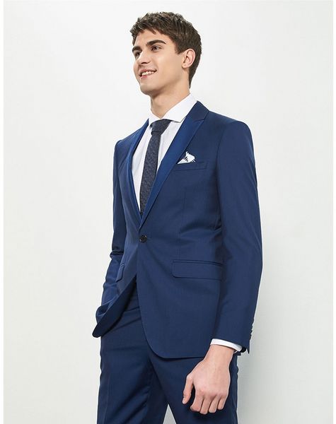 I più nuovi smoking da sposo slim fit blu scuro vestito da uomo migliore tacca bavero groomsman uomo abiti da sposa sposo (giacca + pantaloni) DH6203