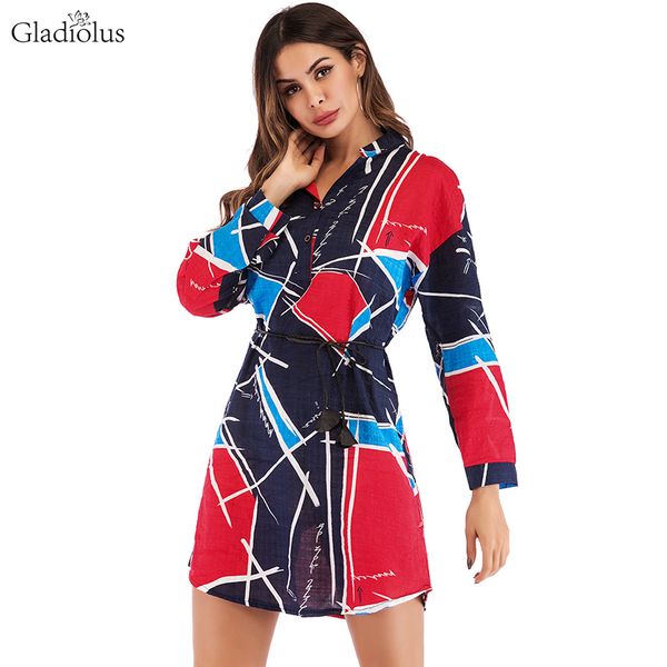 

gladiolus hot 2019 весна осень платье женщины отложным воротником с длинным рукавом геометрический принт женская рубашка платье туника повсе, Black;gray