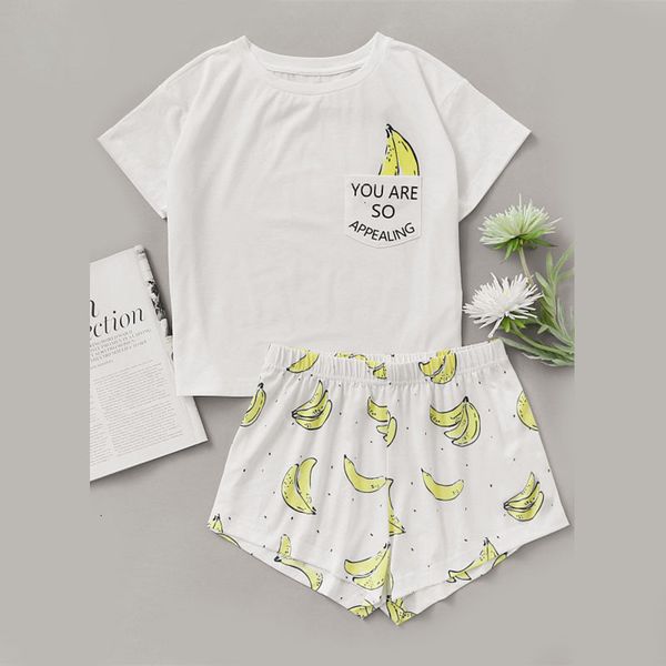 

femme lingeries women pajamas banana print pocket front shorts pajama set short sleeve cute pajama set 2019 stretchy pajama set, Black;red