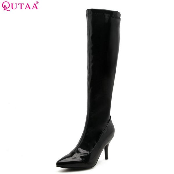 

qutaa 2020 women knee high boots patent leather zipper winter shoes platform thin high heel elegant ladies boots big size 34-43, Black