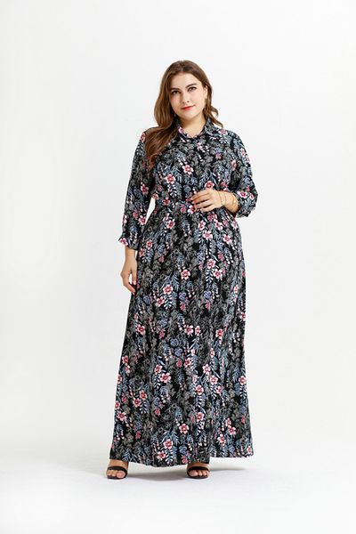 

factory price plus size women floral print long dress xl-3xl women long sleeved dress for sale, Black;gray