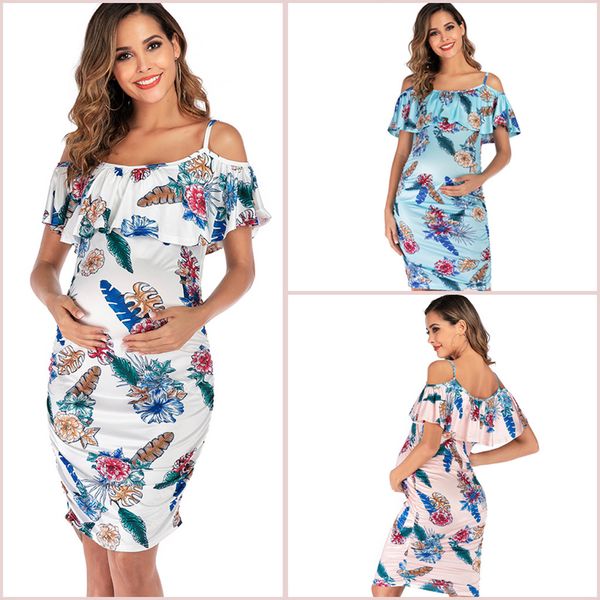 

one-shoulder stretch slim slim ruffled print flower dress women's maternity pregnanty strapless sling print floral ruffles dress, White