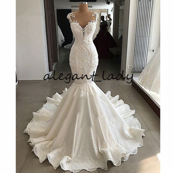 

платье luxury mermaid wedding 2020 sheer nude назад бисероплетение кружева атласная v-образным вырезом robe де mariée ivory white свадебное