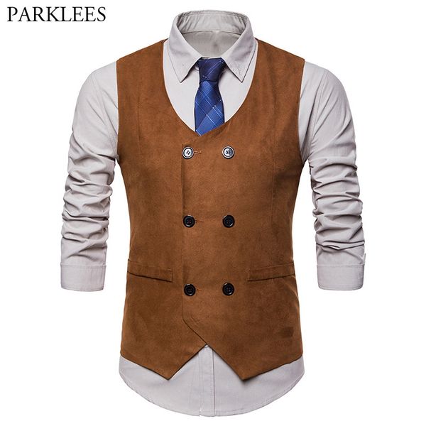

mens hipster dluble breasted suede suit vest 2018 brand new slim fit sleeveless waistcoat men busienss wedding dres vests gilet, Black;white
