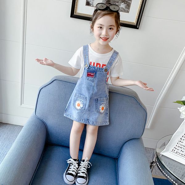 

stylish dress for girls children summer two piece set white t shirt and denim blue overall dress suspenders suit summer clothes