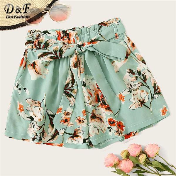 

dotfashion floral print belted shorts women 2020 summer casual shorts ladies boho elastic waist korean fashion wide leg, White;black