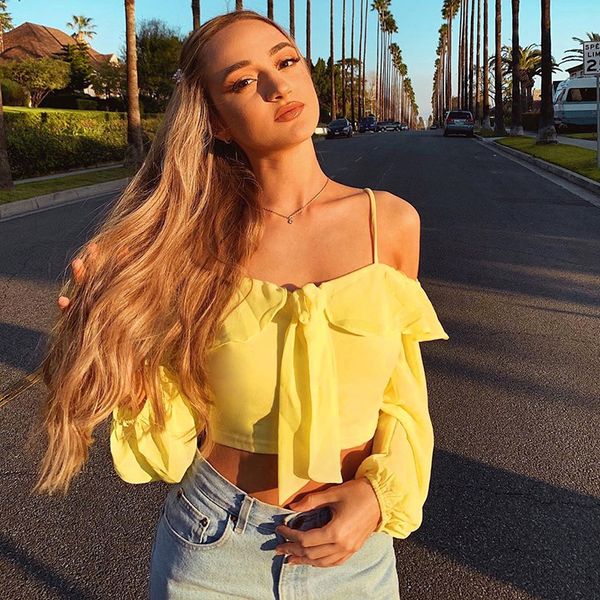 

2020 off-shoulder navel bow shirt with narrow straps, White