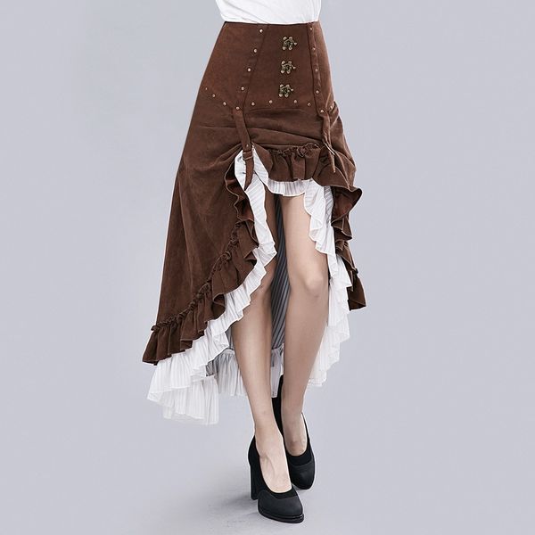 

women victorian brown & white retro victorian gothic vintage steampunk leather adjustable asymmetrical ruffle vintage hi-lo skirt halloween, Black