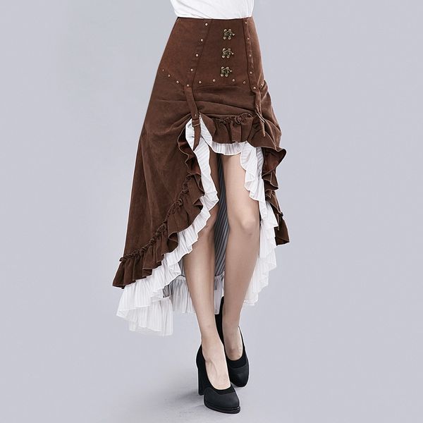 Mulheres Victorian Marrom Branco Retro Victorian Gótico Vintage Steampunk Couro Ajustável Assimétrico Ruffle Vintage Hi-Lo Saia Halloween