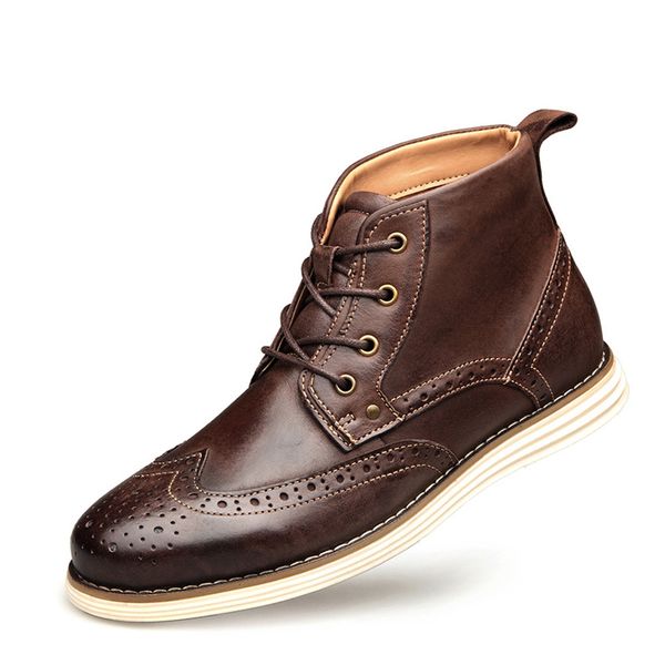 

fashion genuine cow leather men short boots spring autumn lace up brogue ankle boots men's boots plus size 40-48, Black