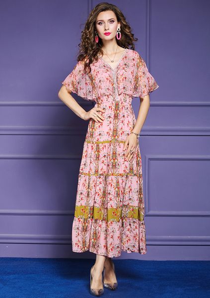 

2020 a line short sleeve women dresses summer elegant floral chiffon dress festa long cocktail party print femme v-neck vestido, Black;gray