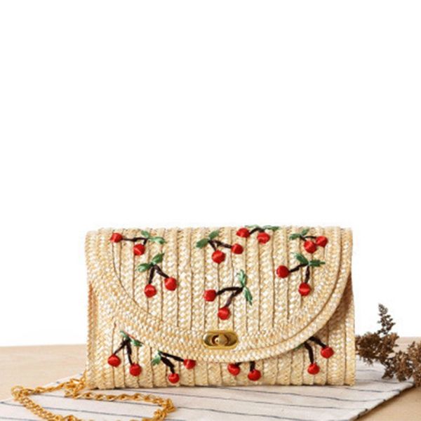 

auau-summer new cherry straw messenger bags woven day clutch flap bag beach package crossbody women chain bags handbag