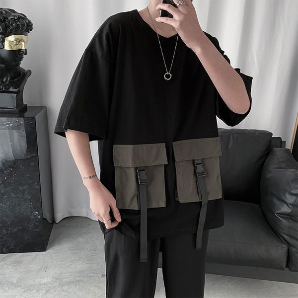 

t shirt streetwear japanese style tooling wind pocket half sleeve clothes men loose half-sleeve shirt summer hip hop loose, White;black
