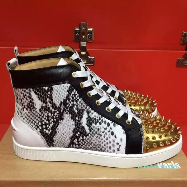 

size36-46 mens women high-end custom high golden rivets casual shoes trend front-end design red bottoms sneakers flat spiked shoes, Black