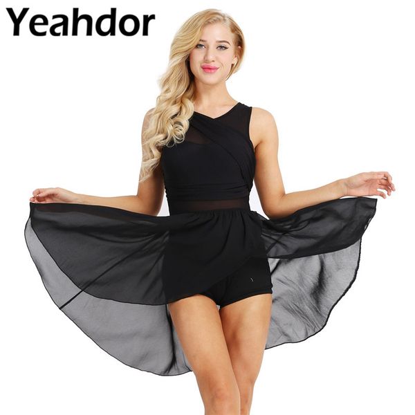 

womens ballet dress for women sleeveless cut out asymmetric chiffon ballet dance gymnastics leotard women party dress, White;black