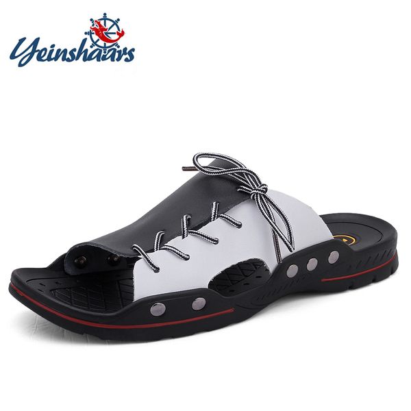 

yeinshaars casual men sandals summer mens slippers rivet british man beach sandals genuine leather lazy pedal flip flop eu38-48, Black