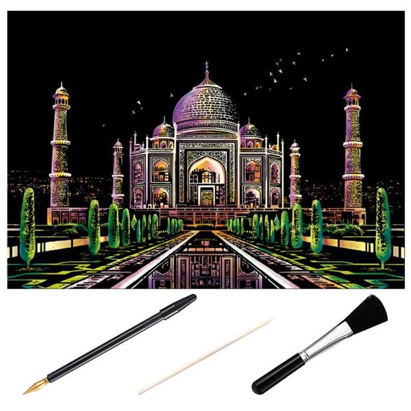 

1 set scratch painting supplies diy taj mahal picture scratch paper kit with bamboo rod pen brush for home school
