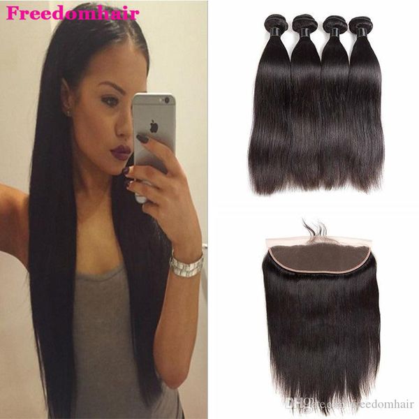 

straight 4 пачки с кружевом лобовое бразильского виргинские человеческих волос пучки необработанные 9а девы волос natural black дешевые exte, Black;brown