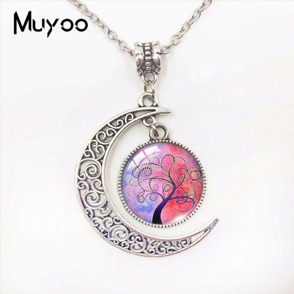 

beautiful tree colorful tree lovely trees of life glass cabochon moon pendants necklace pink purple colored trees moon necklaces, Silver