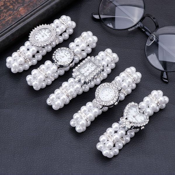 

women watch simulated pearl rhinestone luxury elegant wrist band bracelet jewelry gifts lady elastic universal charms, Slivery;brown
