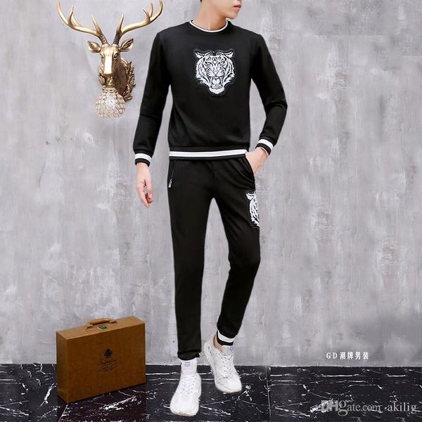 

2019 autumn and winter clothing leisure sports suit men's northeast white tiger embroidered beads long-sleeved slim sweater two-piece, Gray