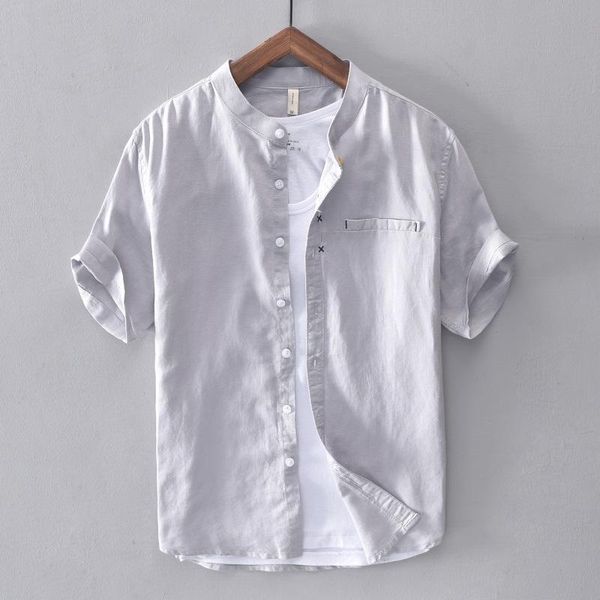 

cotton linen shirt men solid short sleeve casual slim button down quality mandarin men's dress shirts camisa masculina ts-668, White;black